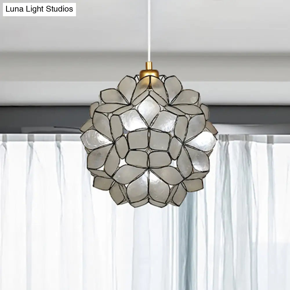 Modern Shell Globe Pendant: Elegant 1-Light Hanging Ceiling Fixture In White/Beige
