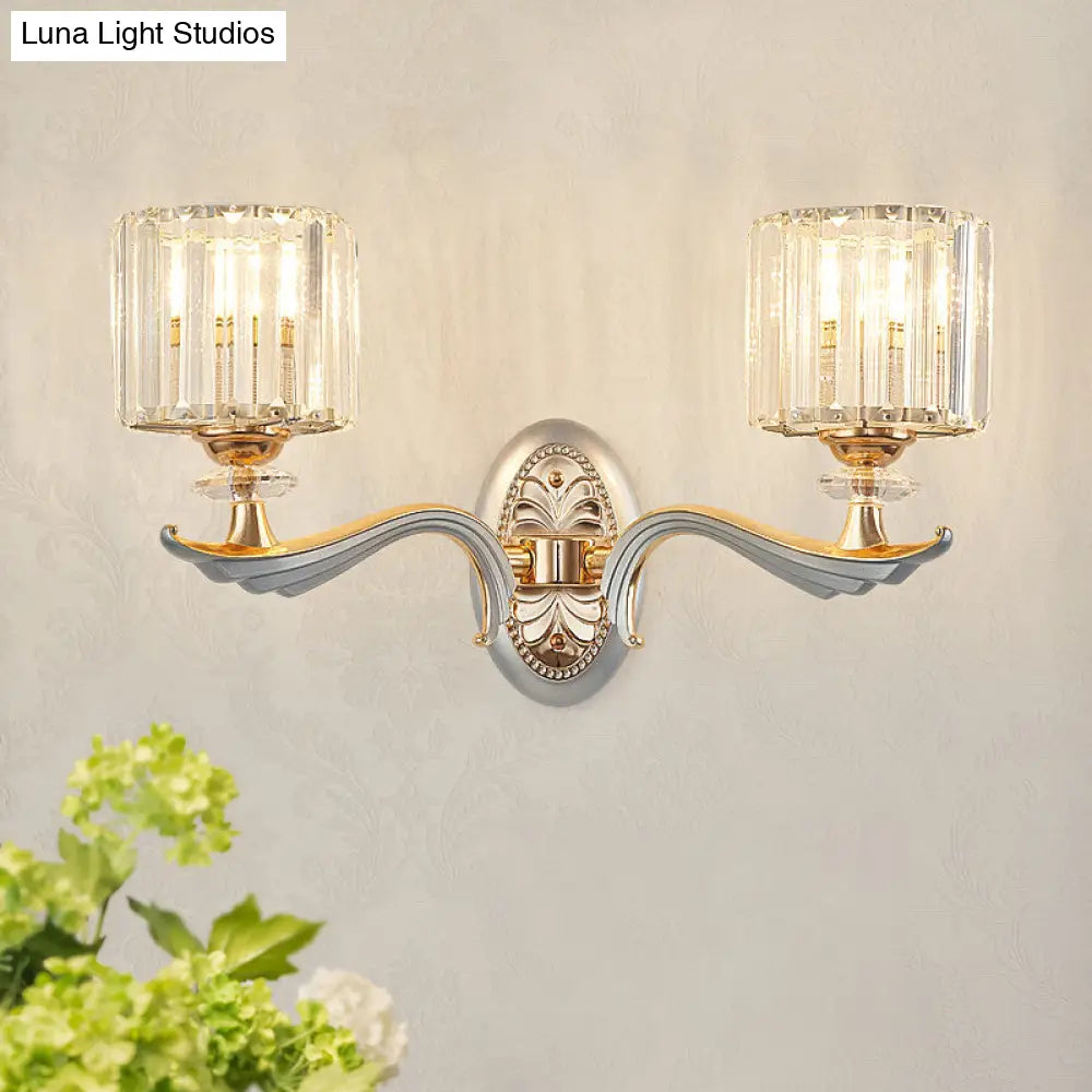 Modern Silver Cylinder Sconce With Clear Crystal Shade - Flush Mount Wall Light