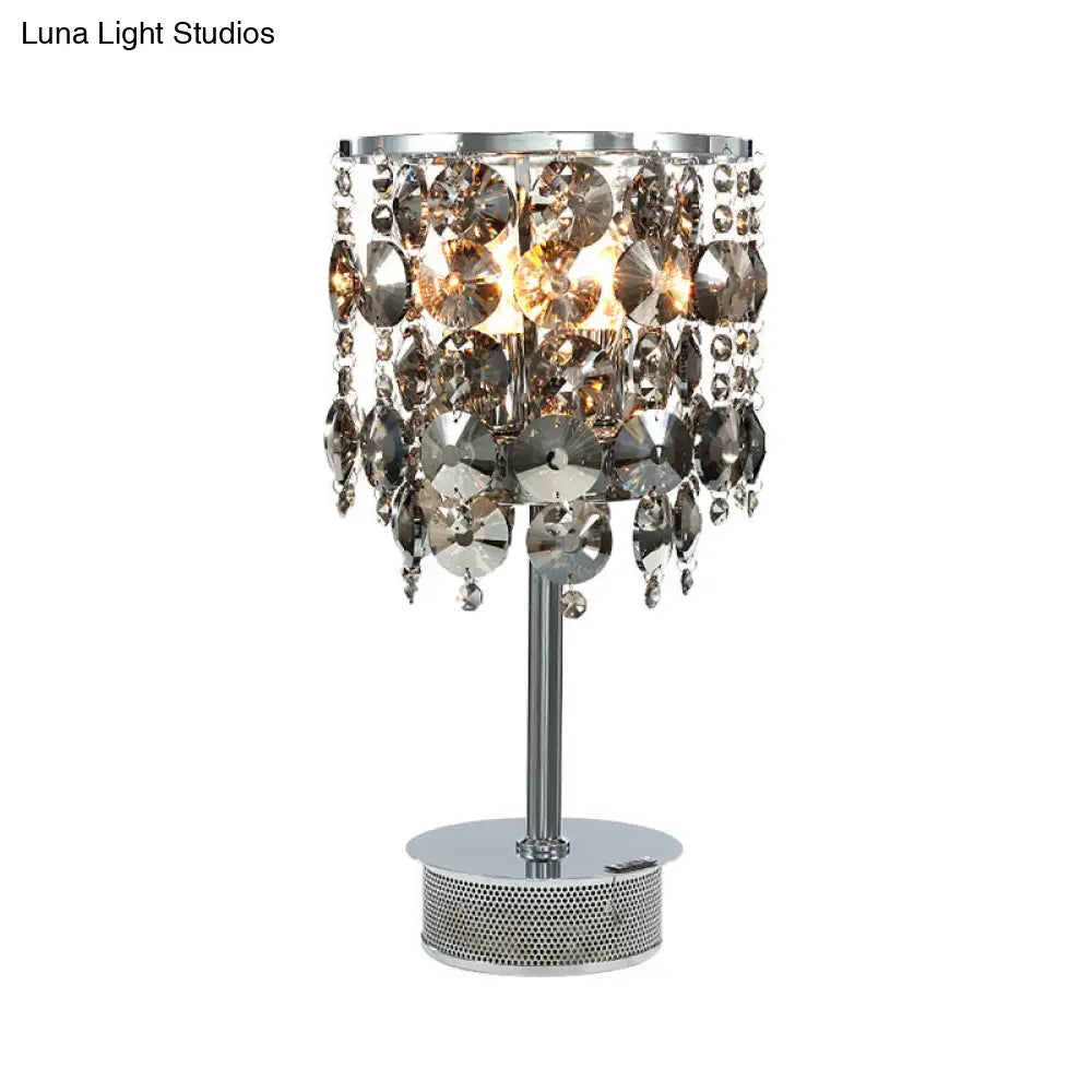 Modern Smoke Gray Crystal Cylindrical Table Lamp - 2 Heads Living Room Nightstand Light