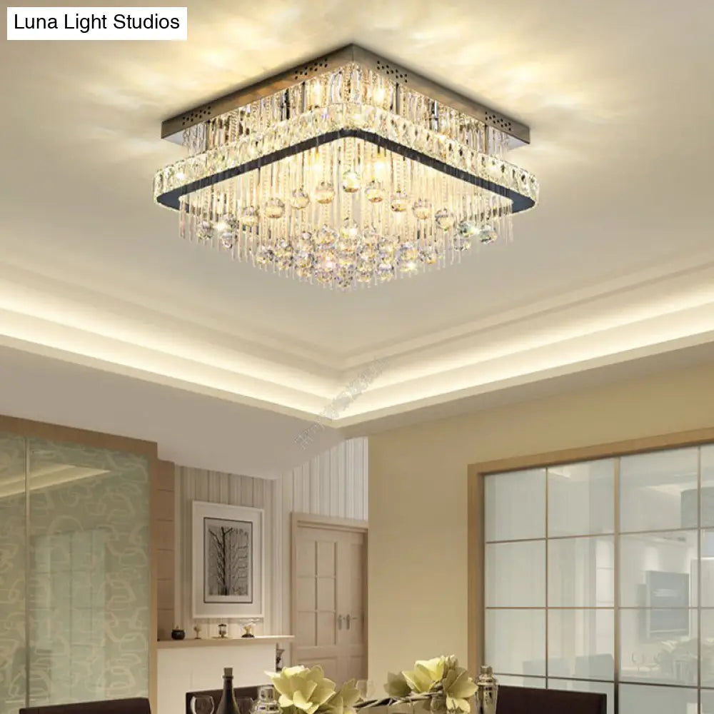 Modern Square Crystal Block Ceiling Light With 8 Heads - Nickel Flush Mount Lamp