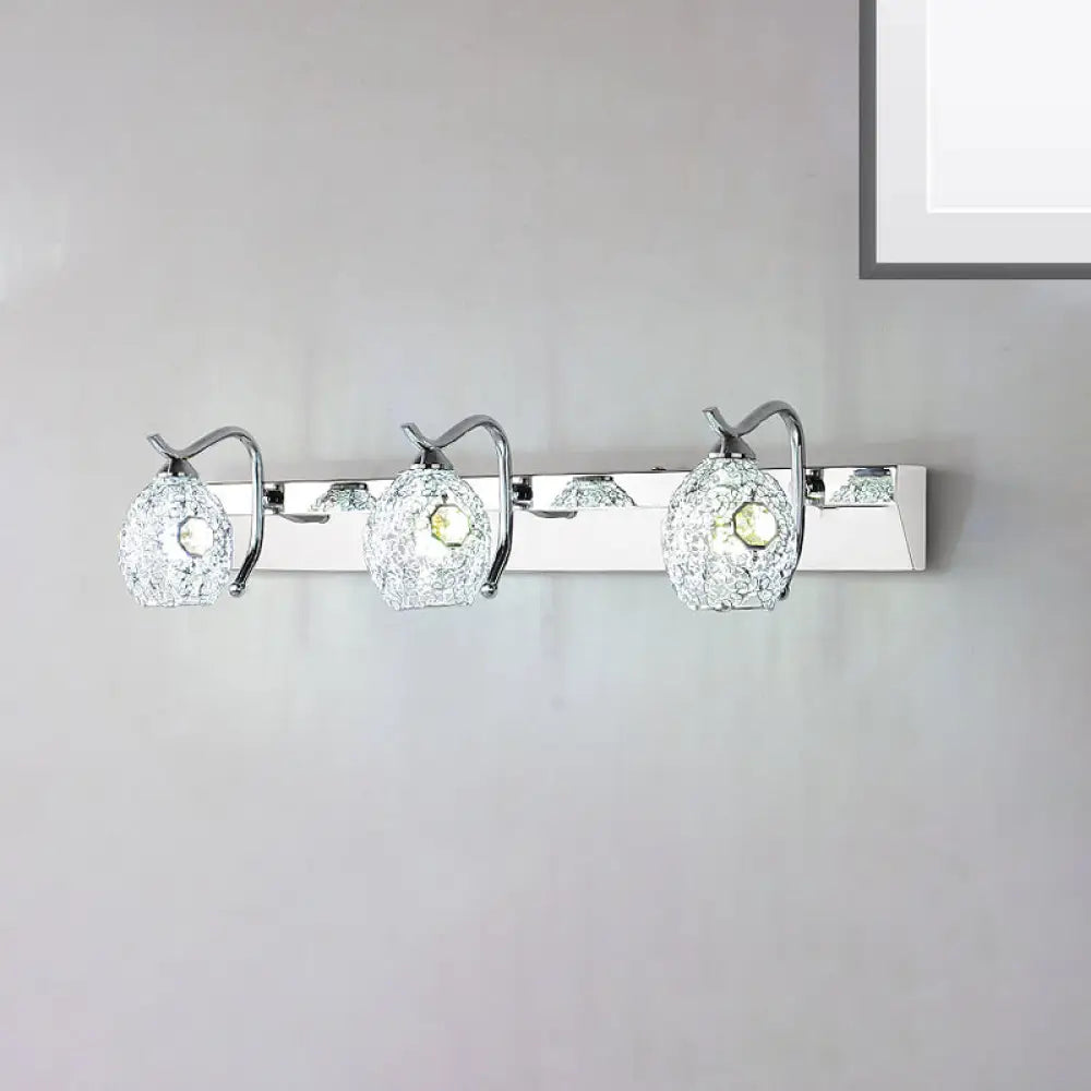 Modern Stainless Steel Domed Wall Light With 3 Heads Silver Vanity Lamp And Clear Crystal Accent