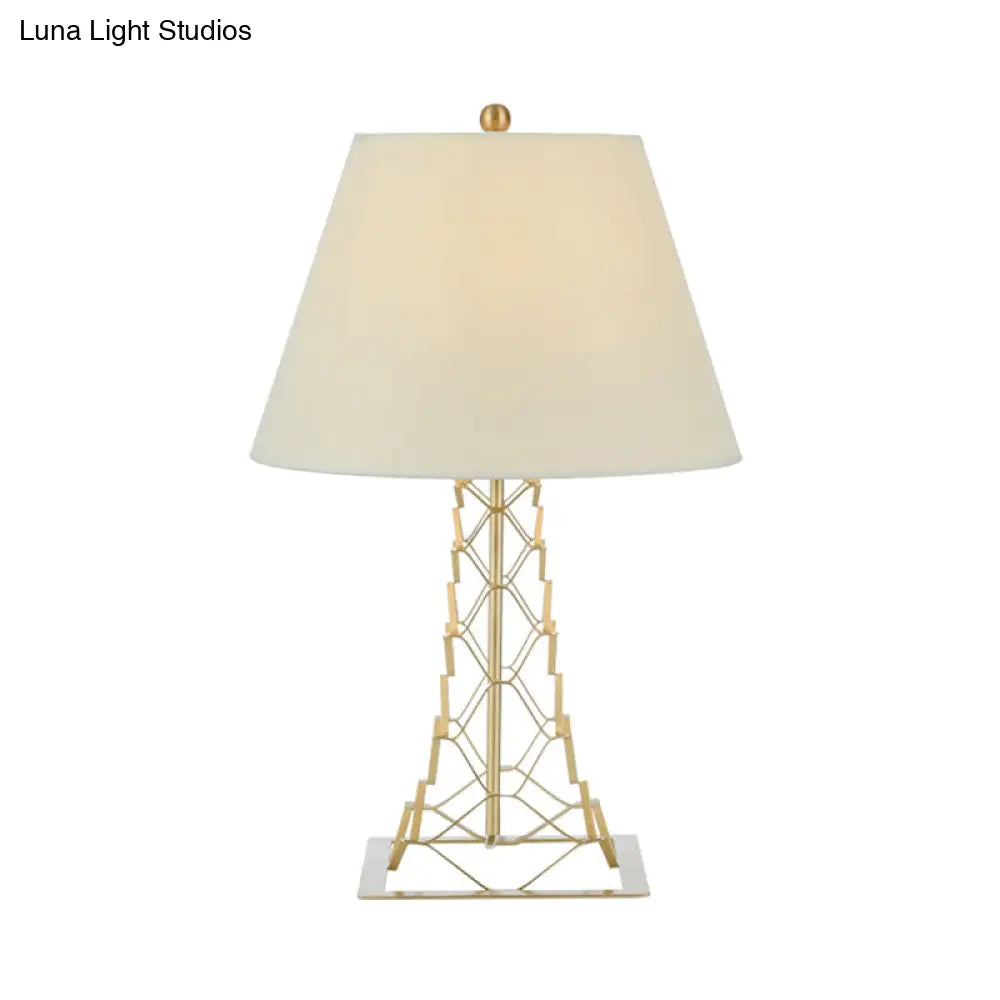 Modern Tower-Like Frame Gold Finish Night Lamp With White Fabric Shade - 1-Bulb Metal Table Lighting