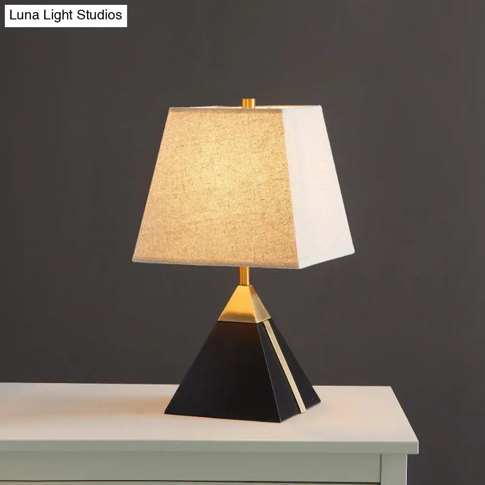 Modern Trapezoid Night Table Lamp In White/Flaxen - Light Fabric Sleek Design With Black Pyramid