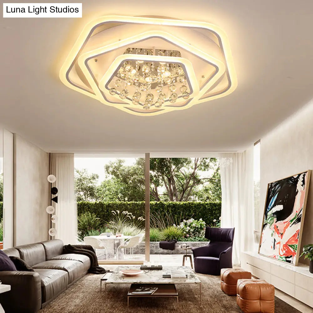 Modern White Crystal Ball Flush Mount Light - Led Ceiling Fixture (19.5’/23.5’/27.5’ Wide) In