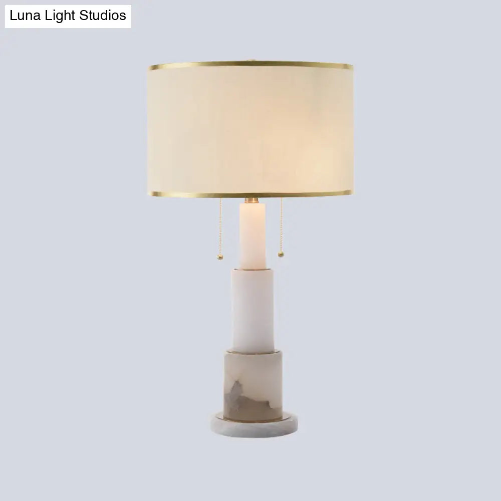 Modern White Cylinder Desk Lamp With 2 Fabric Night Table Heads And Pull Chain
