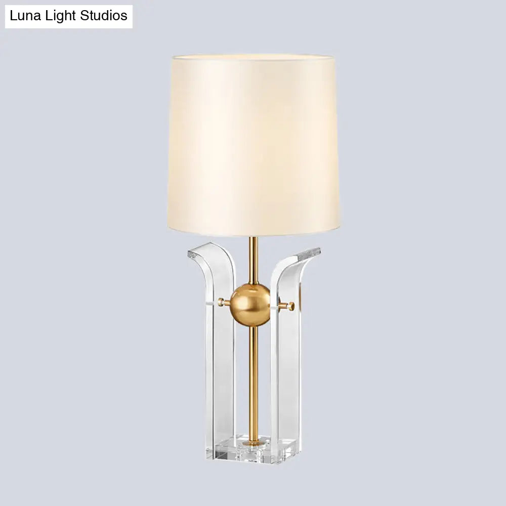 Modern White Desk Lamp With Crystal Base Barrel Shade For Reading