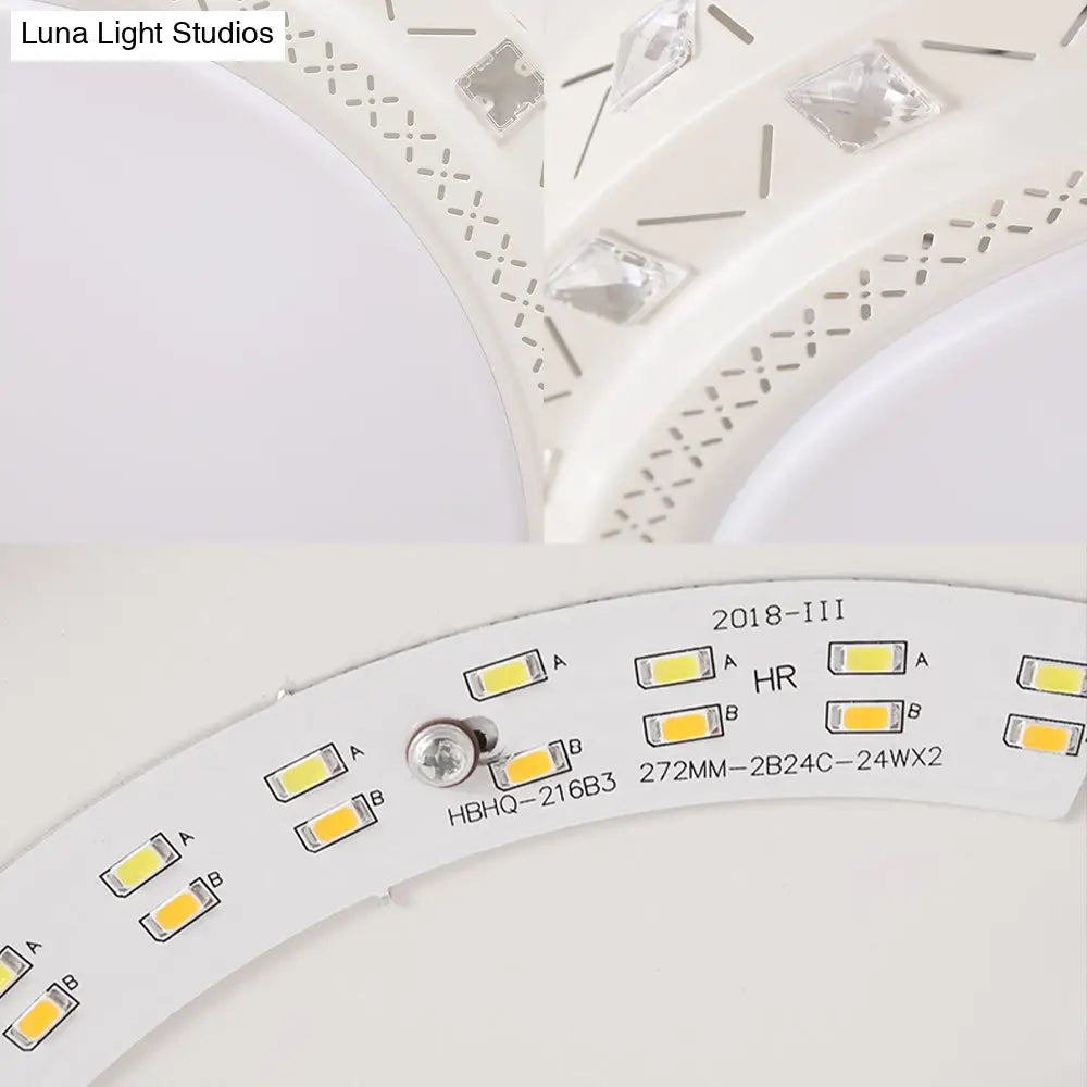 Modern White Drum Ceiling Flush Mount With Crystal Accent Led Fixture - Perfect For Bedrooms