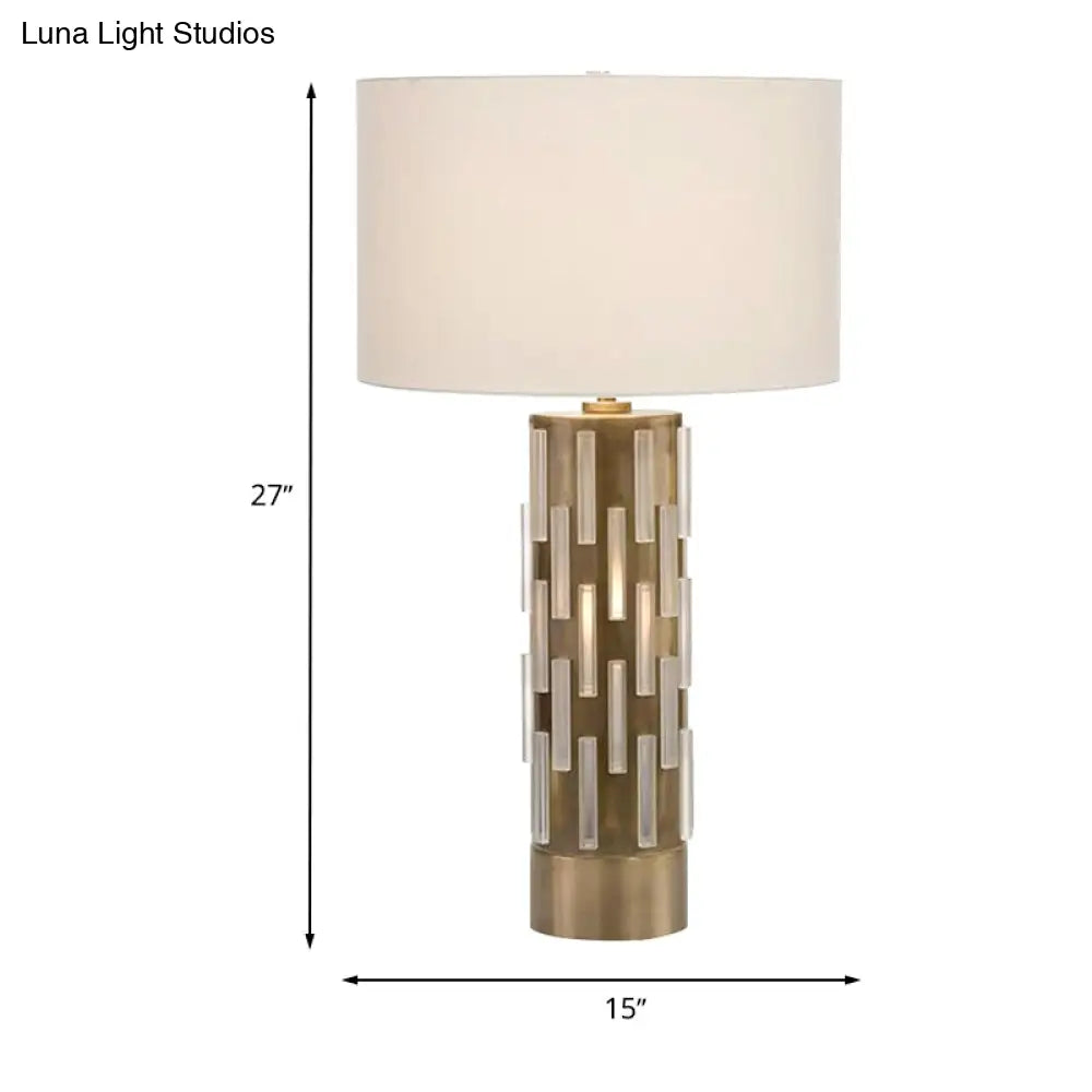 Modern White Drum Shade Table Light With Metal Base - Ideal For Bedside Use