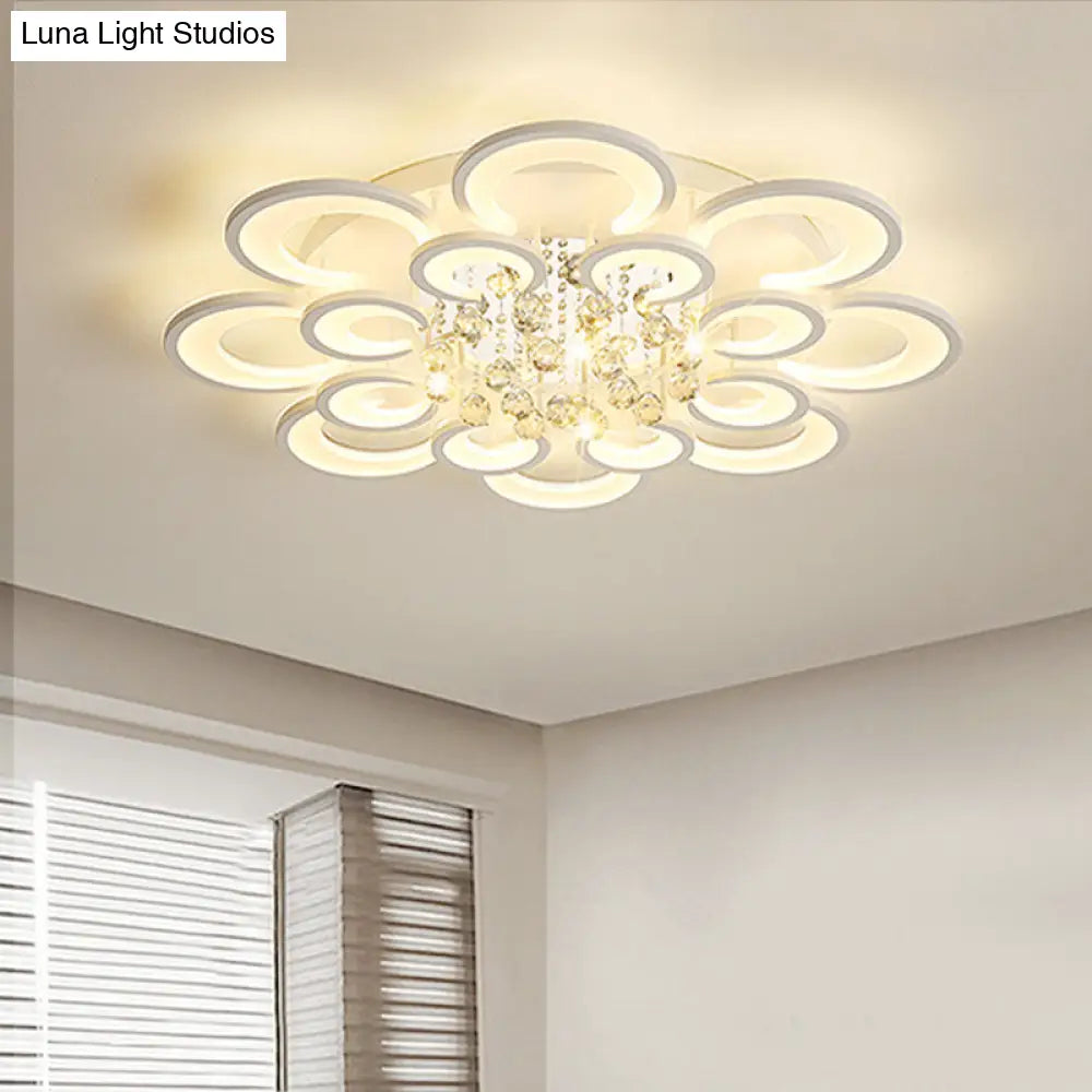 Modern White Floral Led Crystal Flushmount Lamp With Warm Lighting