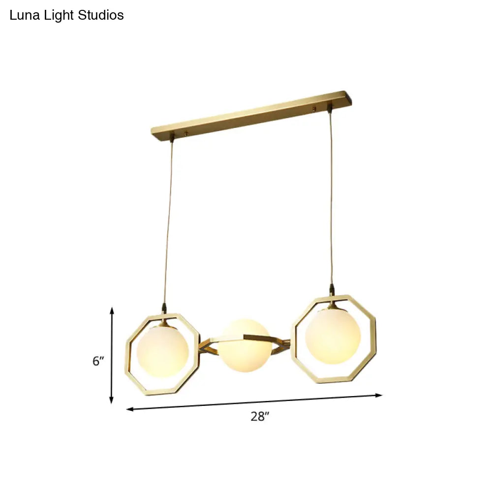 Modern White Frosted Glass Orb Island Light With Gold Octagon Frame - 3-Light Ceiling Pendant Lamp
