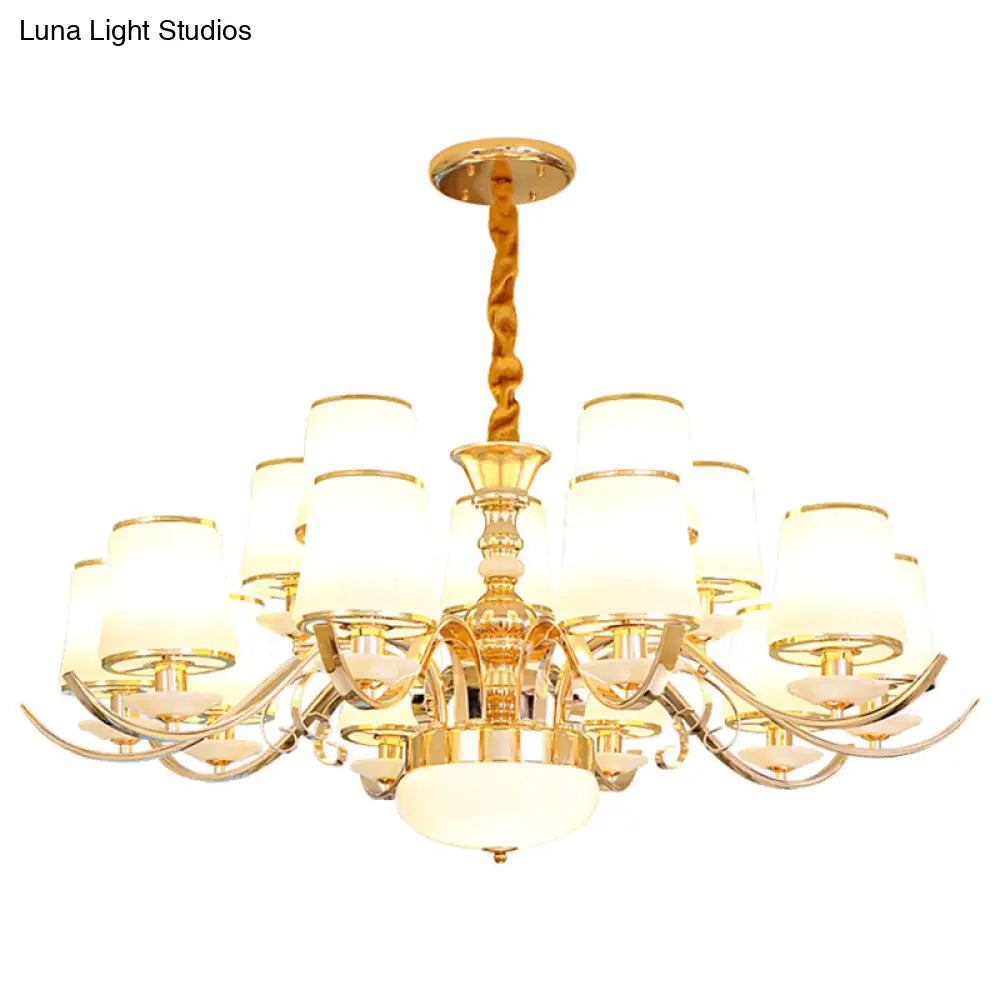 Modern White Glass And Gold Pendant Chandelier With Curved Arm - Barrel Shade Design