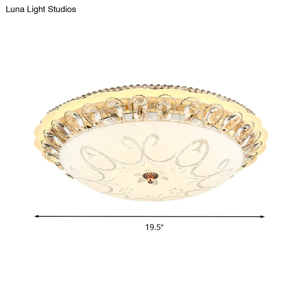 Modern White Glass Bowl Ceiling Lamp With Led Lighting And K9 Crystal Accent - 12’/16’/19.5’ Wide