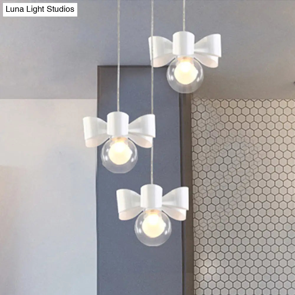 Modern White Glass Bubble Pendant Light With Bow 3 Heads For Dining Table