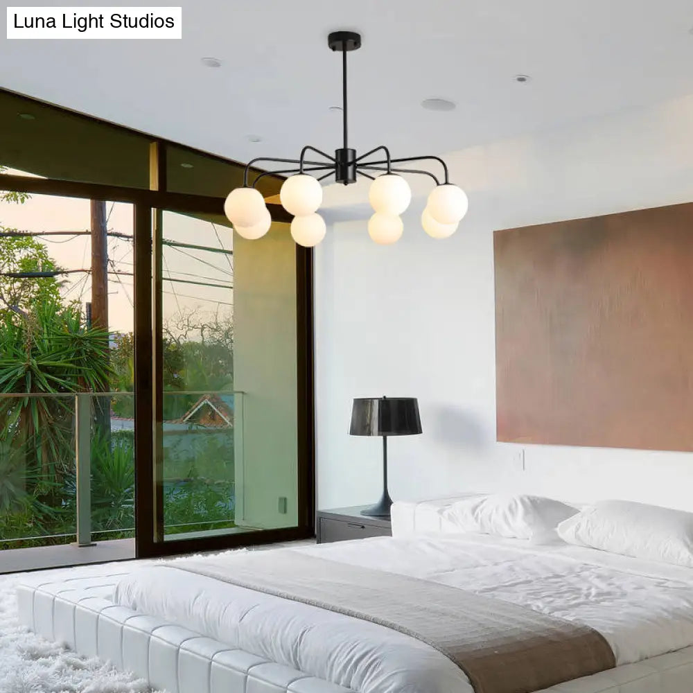 Modern White Glass Globe Chandelier with Radial Design - 6/8/10 Lights Hanging Ceiling Light Curved Arm