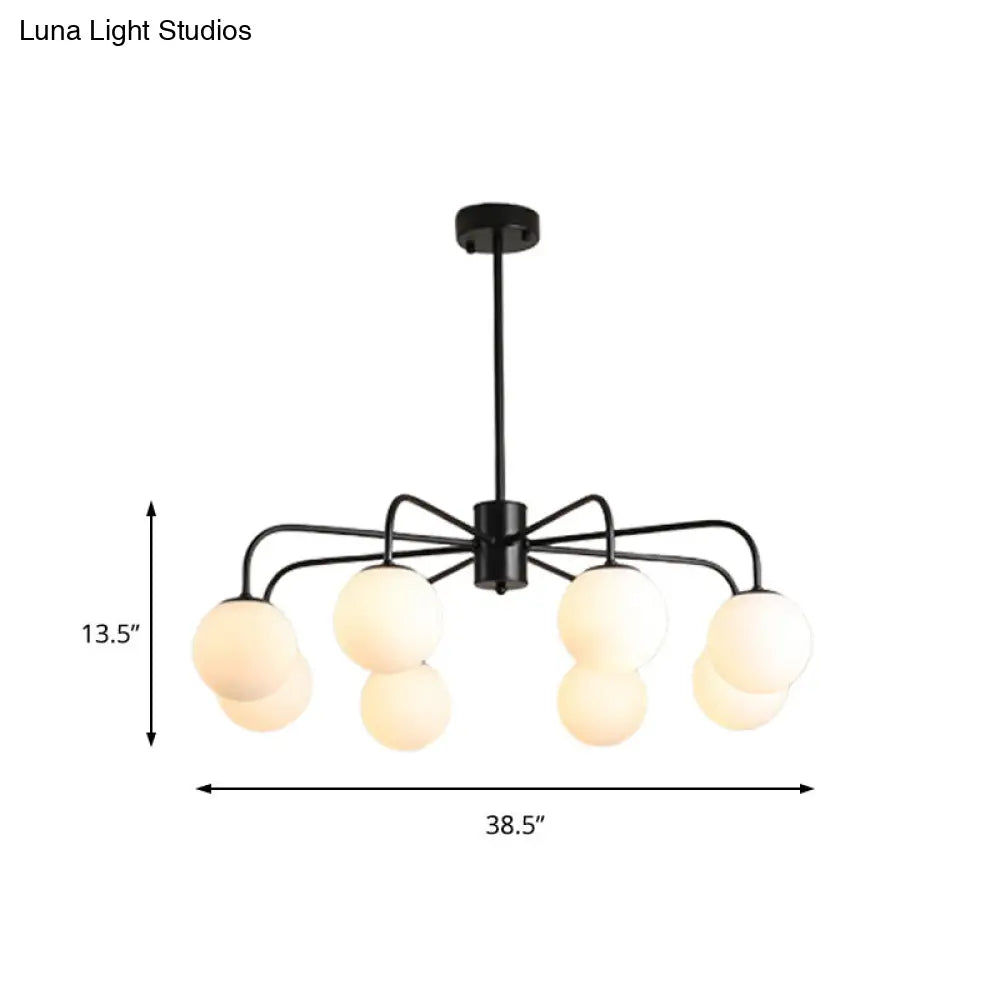 Modern White Glass Globe Chandelier with Radial Design - 6/8/10 Lights Hanging Ceiling Light Curved Arm