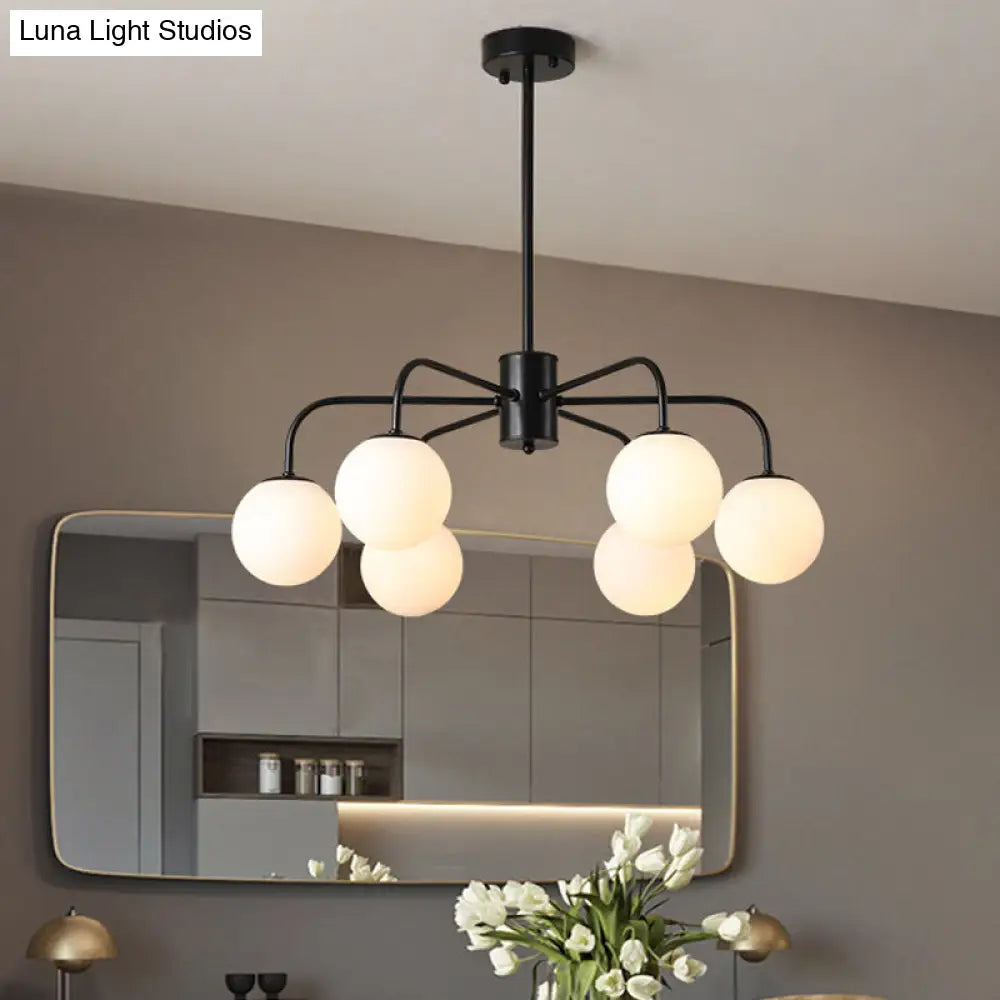 Modern White Glass Globe Chandelier with Radial Design - 6/8/10 Lights Hanging Ceiling Light Curved Arm