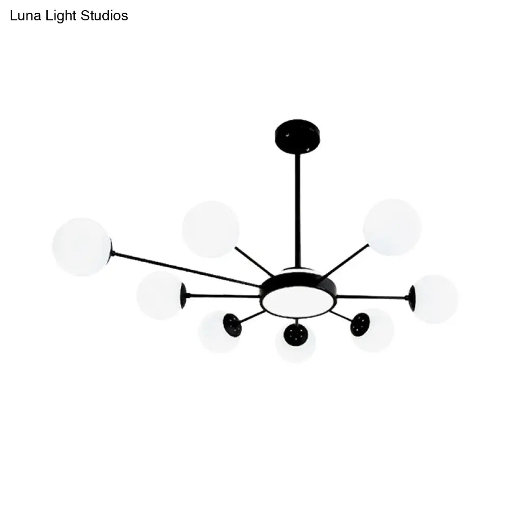 Modern White Glass Round Chandelier With 8 Black Pendant Lights
