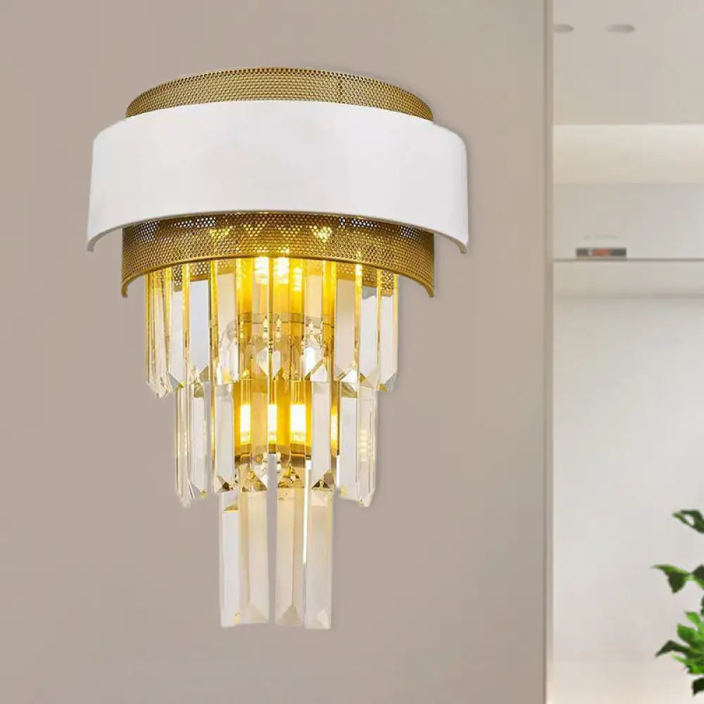 Modern White Square/Round Crystal Prisms Wall Sconce With Gold Mesh / Round