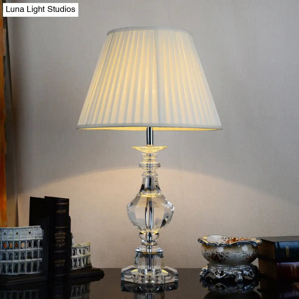 Modern White Urn-Shaped Desk Lamp With Beveled Crystal: 1-Bulb Night Table Light