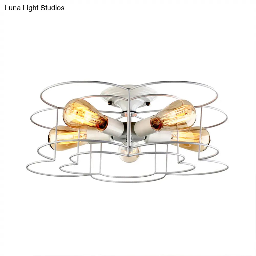 Modern Wire Caged Bloom-Shaped Ceiling Light - 5-Light Semi-Flush Mount In White For Bedroom