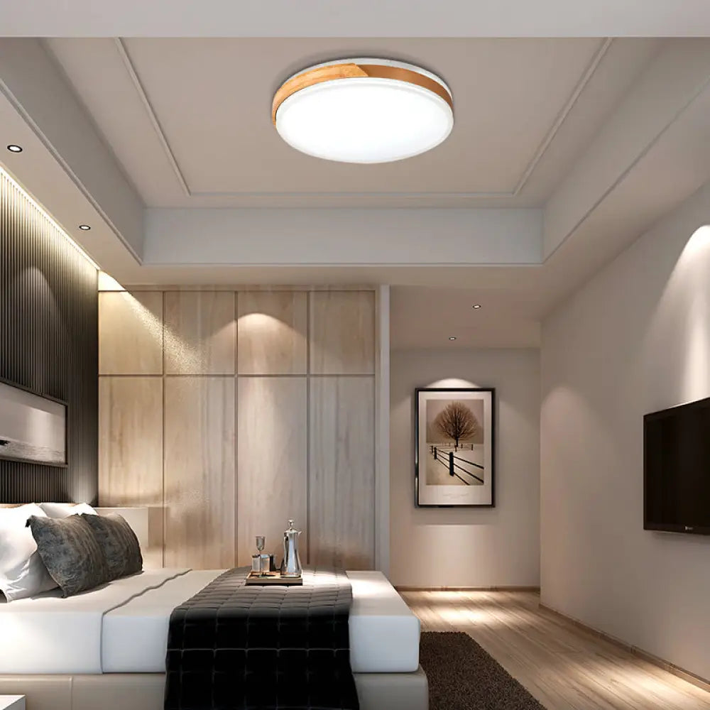 Modern Wood And Iron Ceiling Light Flush Mount In White/Gold - Warm White Indoor Fixture