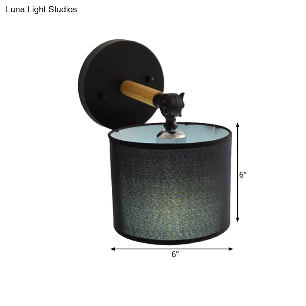 Modern Wood Armed Sconce Wall Lamp With Black Drum Shade - 1 Light Bedside Lighting