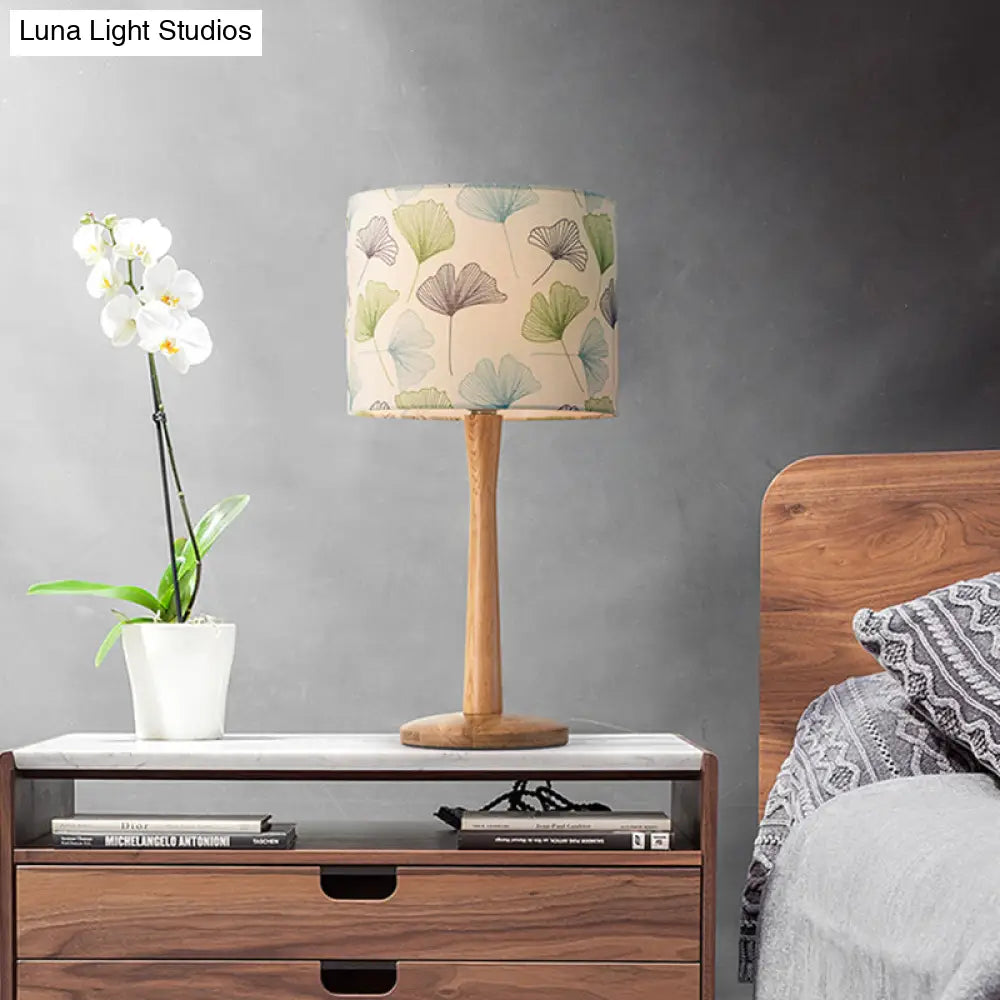 Modern Wood Barrel Study Lamp - 1-Head Fabric Task Lighting With Butterfly/Flower Pattern