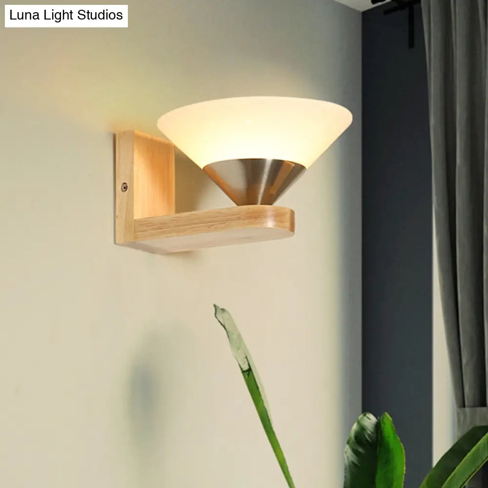 Modern Wood & Nickel Wall Sconce With Cone White Glass Shade- 1 Bulb Bedside Light Fixture