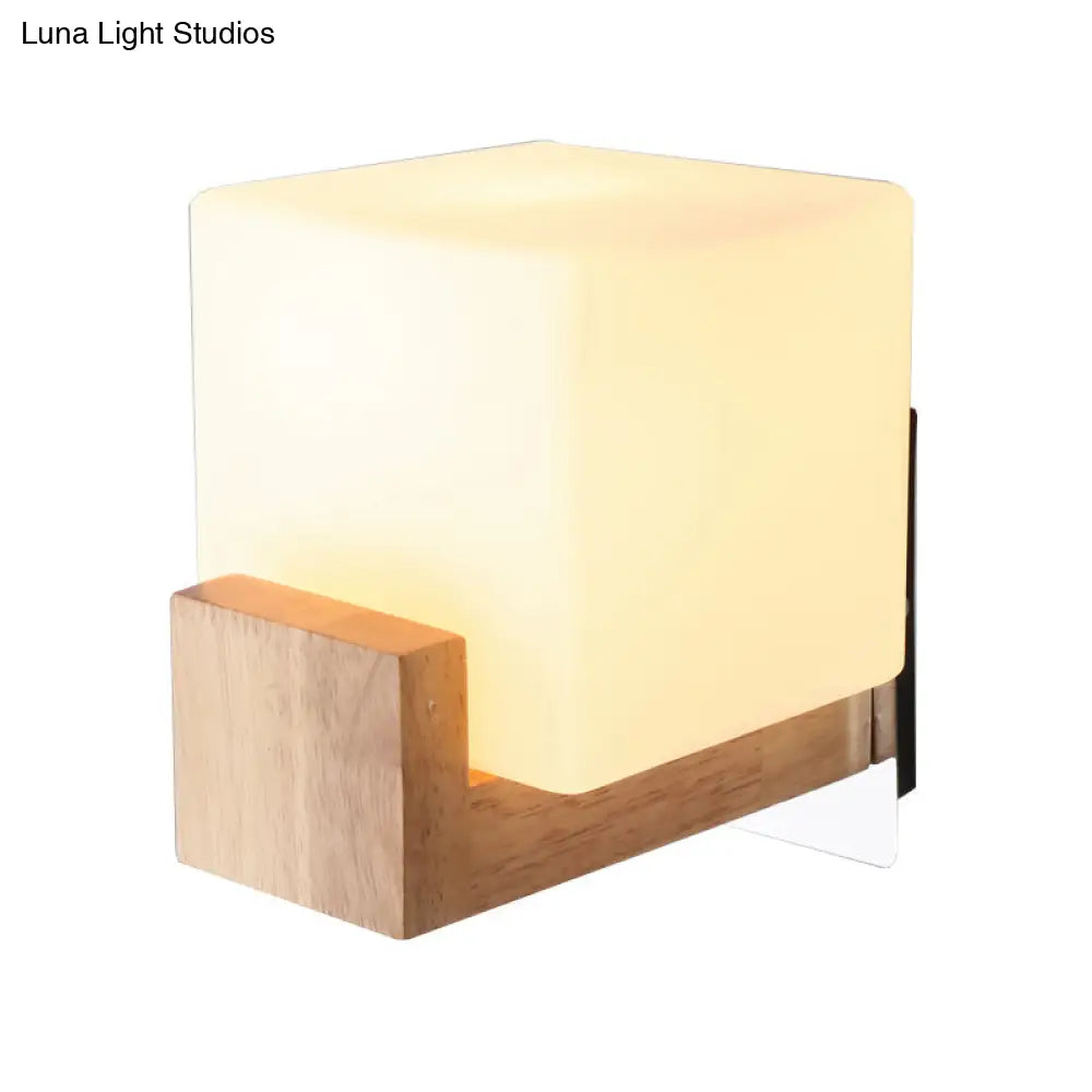Modern Wood Square Wall Sconce With White Glass Shade: Single Head Mounted Light
Note: While