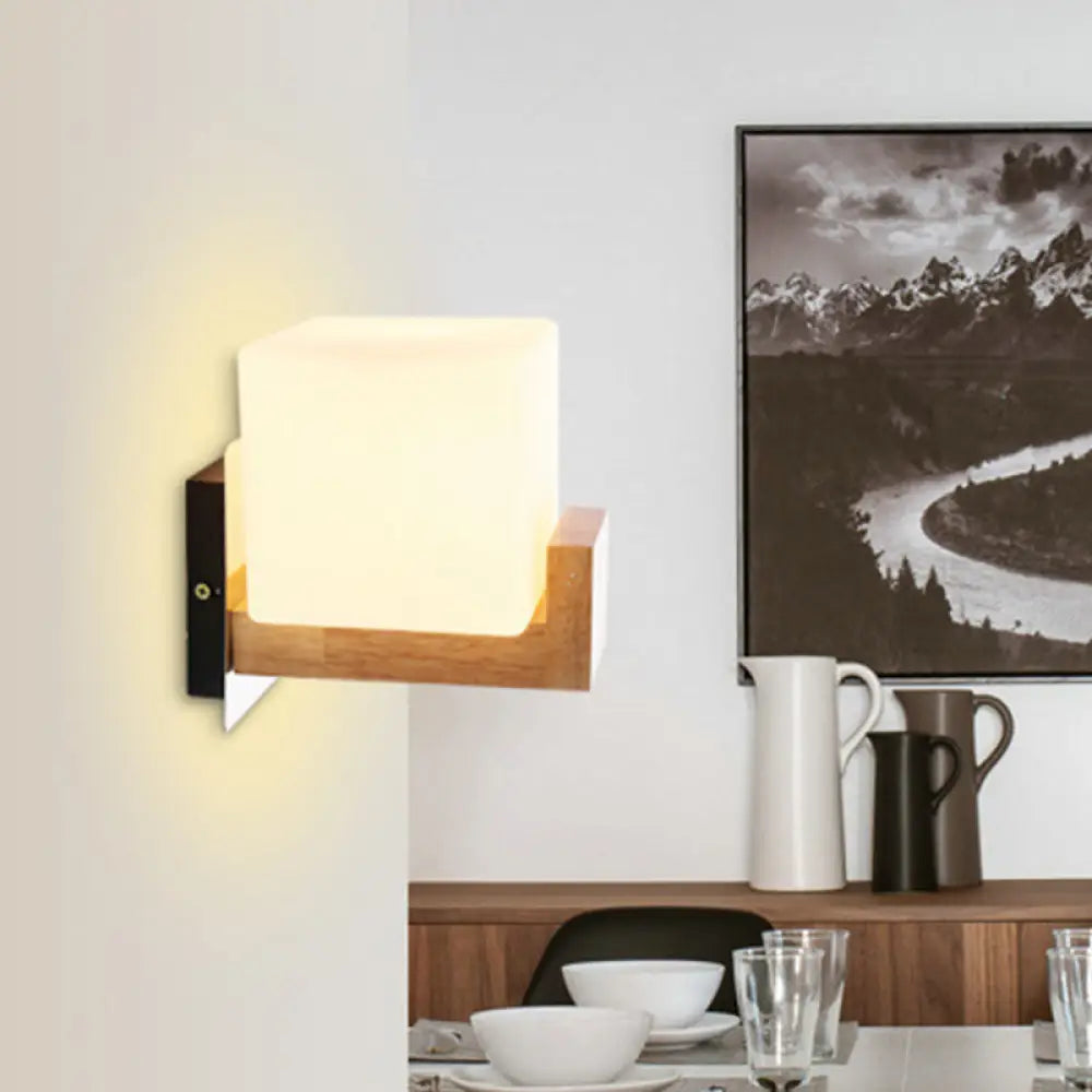 Modern Wood Square Wall Sconce With White Glass Shade: Single Head Mounted Light
Note: While