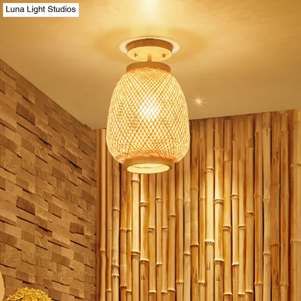 Modernist Bamboo Ceiling Mounted Semi Flush Light Fixture For Living Room - Wood Finish