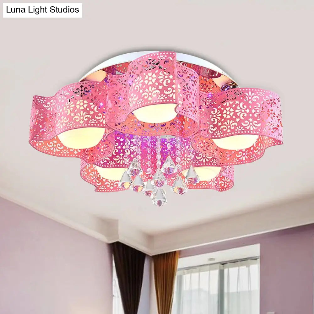 Modernist Crystal Ceiling Lamp With Etched Flower Design 3/5 Lights Opal Glass Ball Shade
