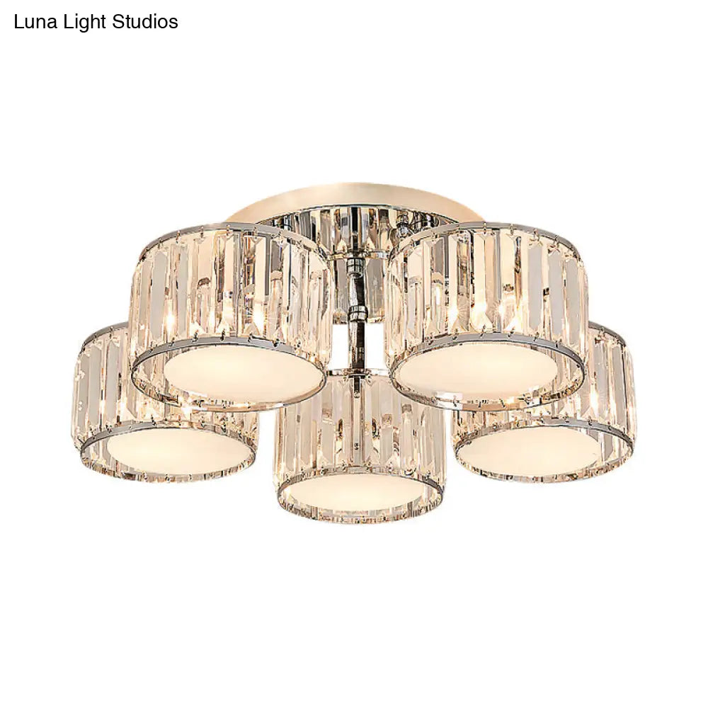 Modernist Crystal Drum Flush Mount Ceiling Lamp In Chrome Finish