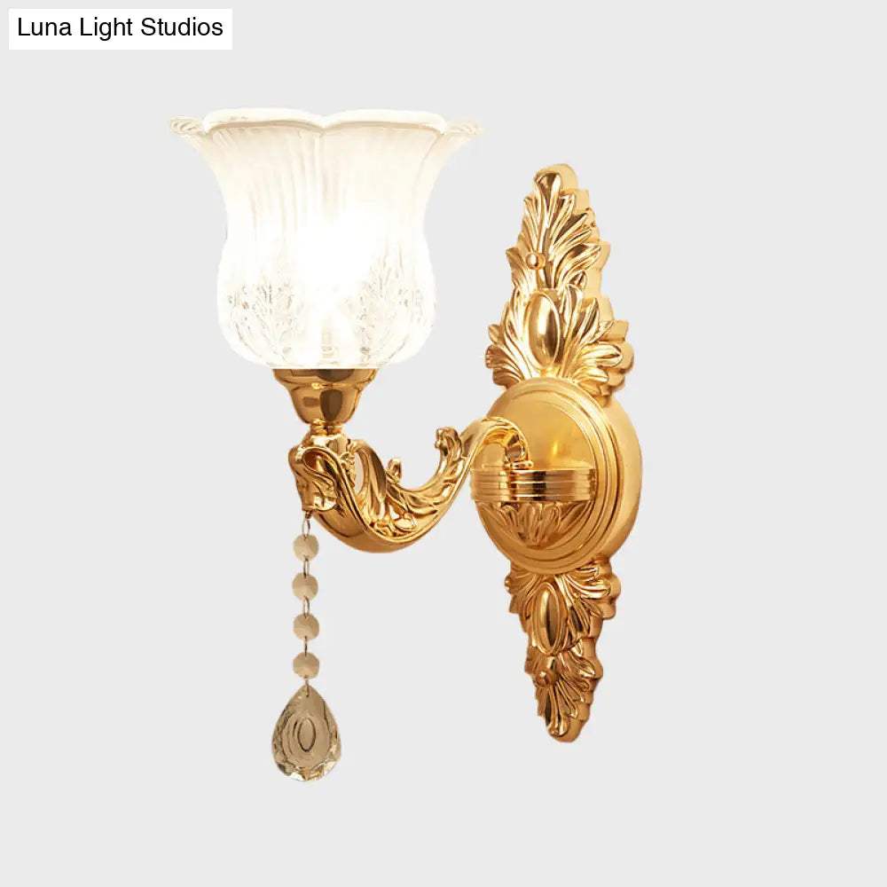 Modernist Crystal Shade Gold Wall Sconce: Elegant Bell Flower Design 1-Light Living Room Lamp