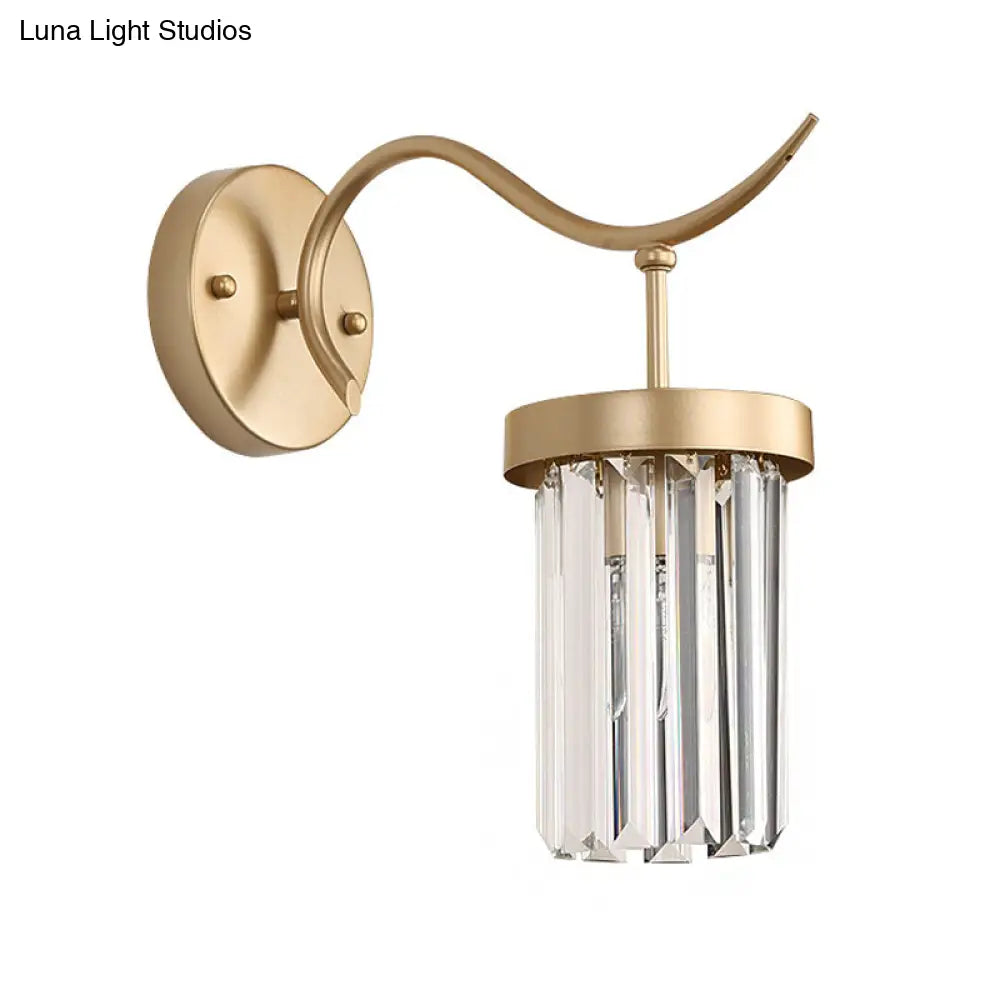 Modernist Curved Metal Wall Sconce Lamp - 1 Head Brass Finish With Clear Crystal Block