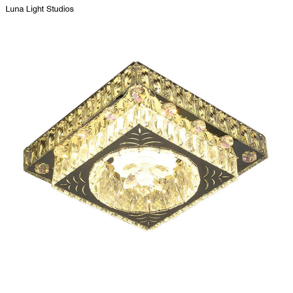Modernist Cut Crystal Led Nickel Ceiling Lamp With Square Flush Mount For Porch