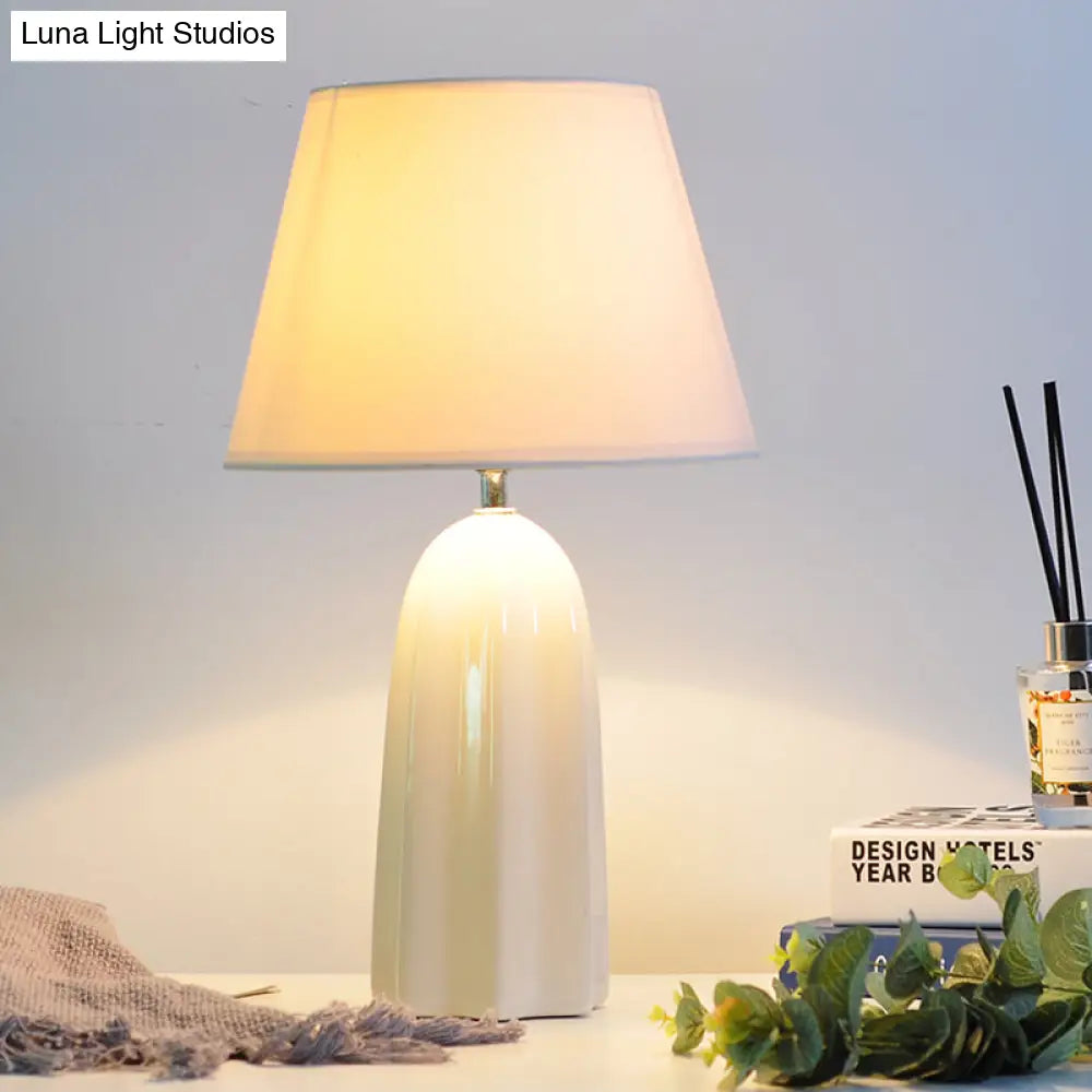 Modernist Fabric Barrel Table Lamp With Prism Ceramics Base - White/Brown Night Light 1 Bulb