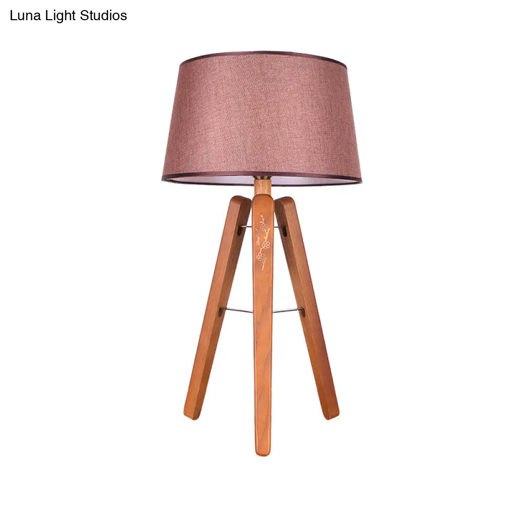 Modernist Fabric Tapered Desk Lamp With Wood Tripod - 1 Bulb Night Table Light In Brown/Beige
