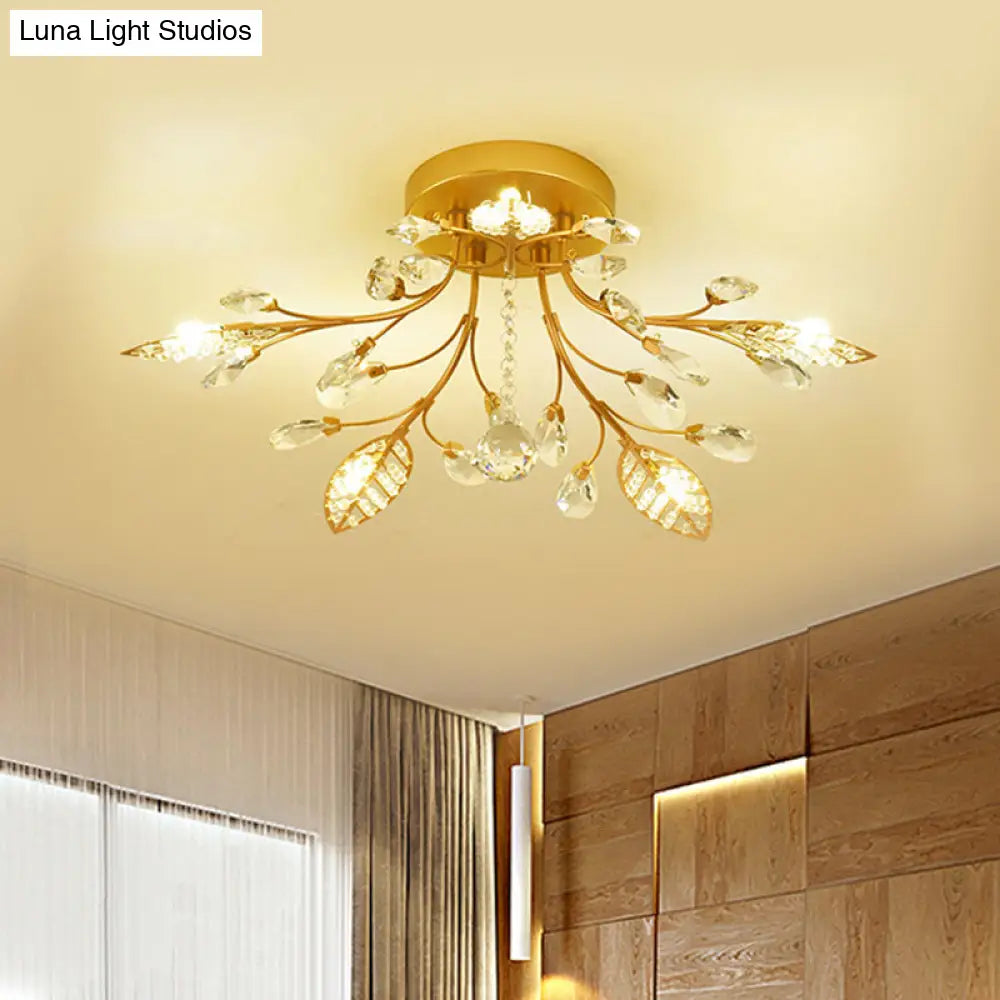 Modernist Gold Branch Ceiling Fixture With Faceted Crystal Semi Flush Mount Lighting - 5 Or 8 Bulbs