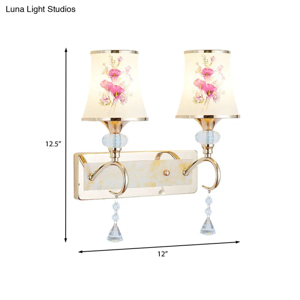 Modernist Gold Wall Mount Lamp With Arced Painted Glass Shade For Bedroom Lighting