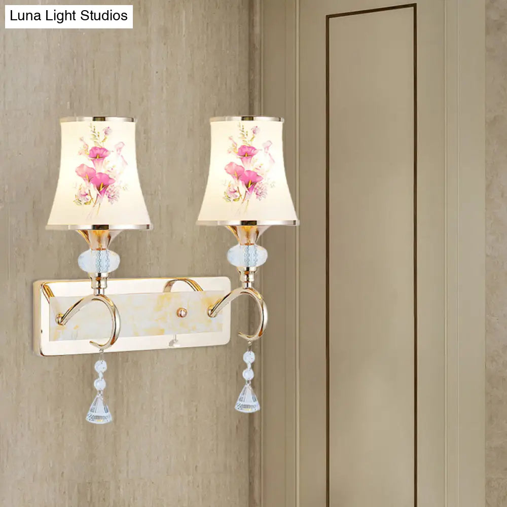 Modernist Gold Wall Mount Lamp With Arced Painted Glass Shade For Bedroom Lighting