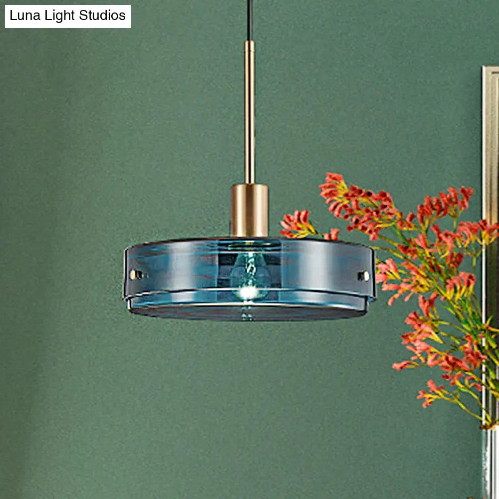 Modernist Green Glass Circular Suspension Pendant Light For Living Room - 1 Hanging Lamp