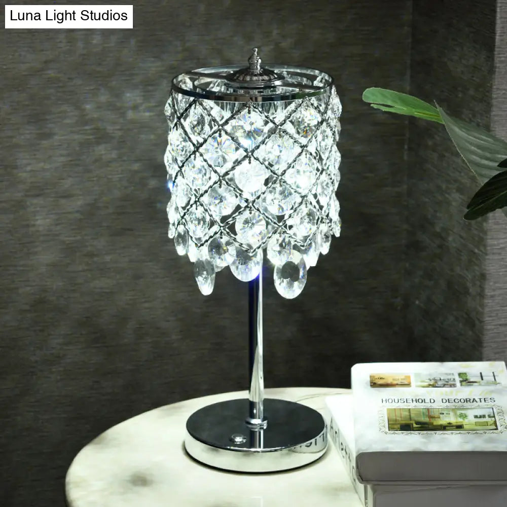 Modernist Led Lounge Table Lamp Clear/Champagne Crisscross Cylinder Nightstand Light
