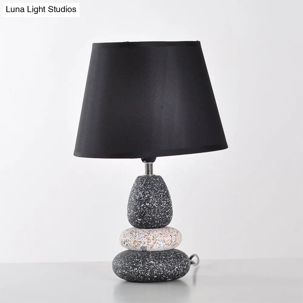 Modernist Led Night Table Lamp In Black/Grey Ceramic Stone Shape With Fabric Shade