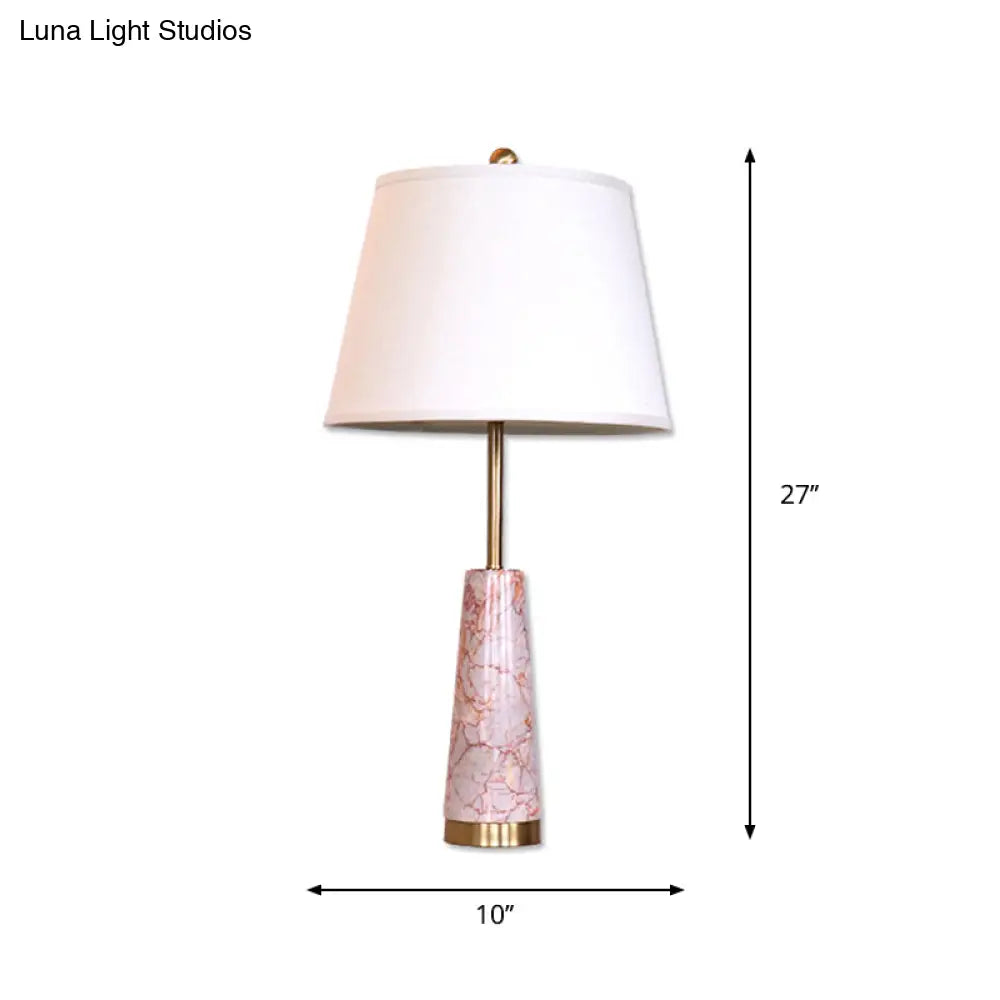 Modernist Marble Cone Nightstand Lamp With Red 1-Head And White Fabric Shade