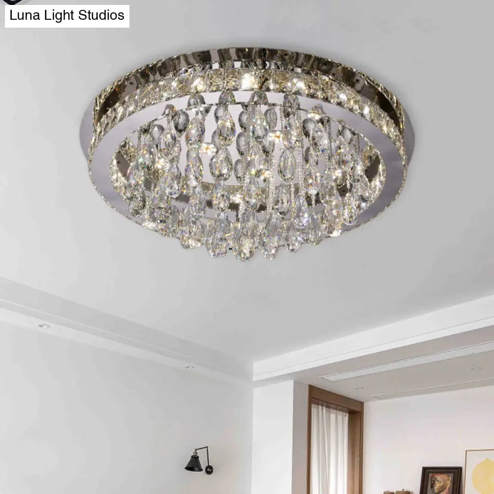 Modernist Nickel Led Ceiling Flush Light With Crystal-Encrusted Beveled Cut Circles And Drops
