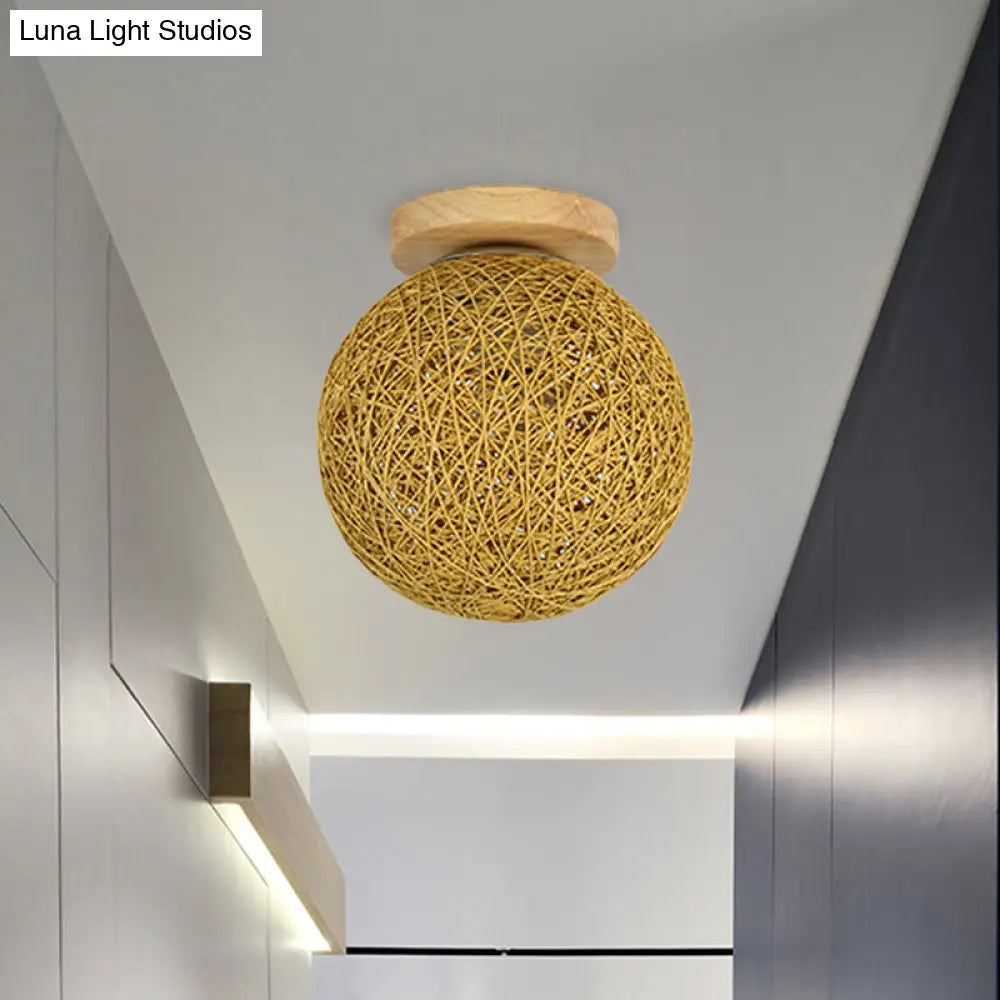 Modernist Rattan Ceiling Mount Light: Blue/Flaxen Globe Shade 6’/8’ Wide 1 Bulb Flush Lighting