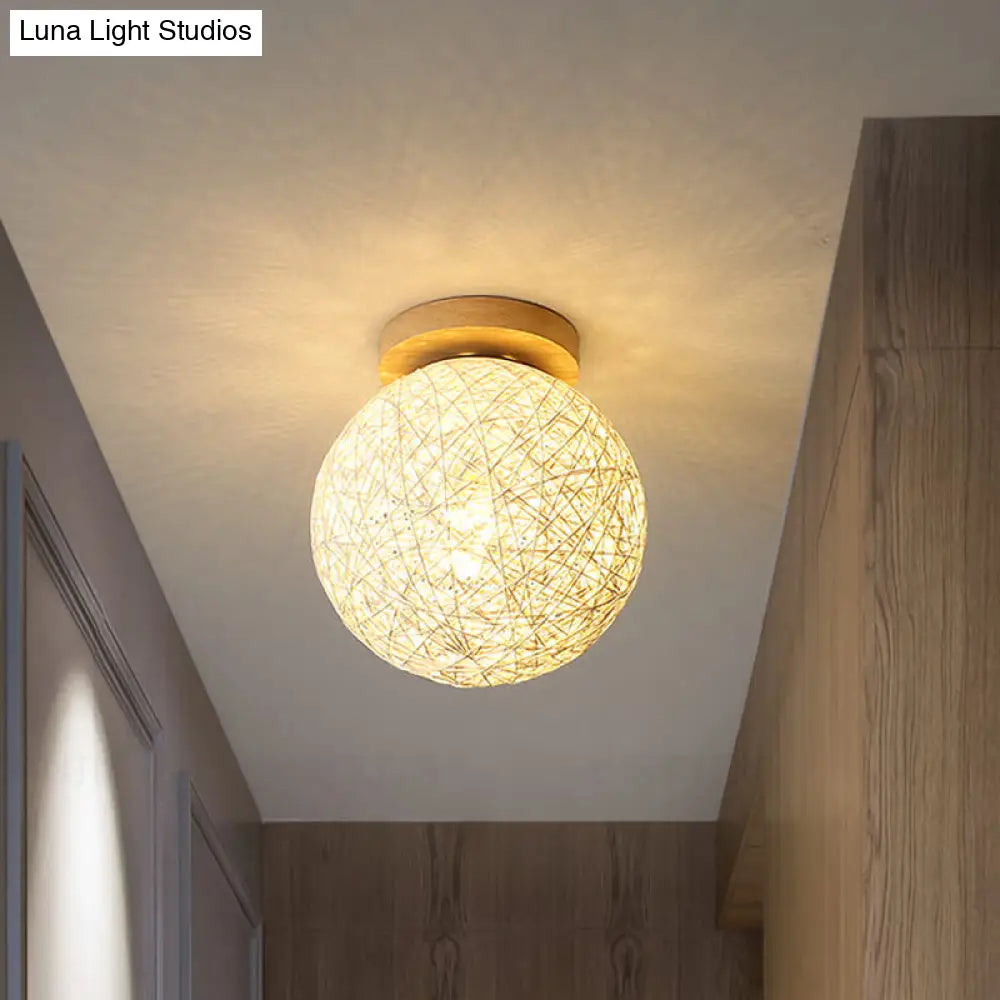 Modernist Rattan Ceiling Mount Light: Blue/Flaxen Globe Shade 6’/8’ Wide 1 Bulb Flush Lighting