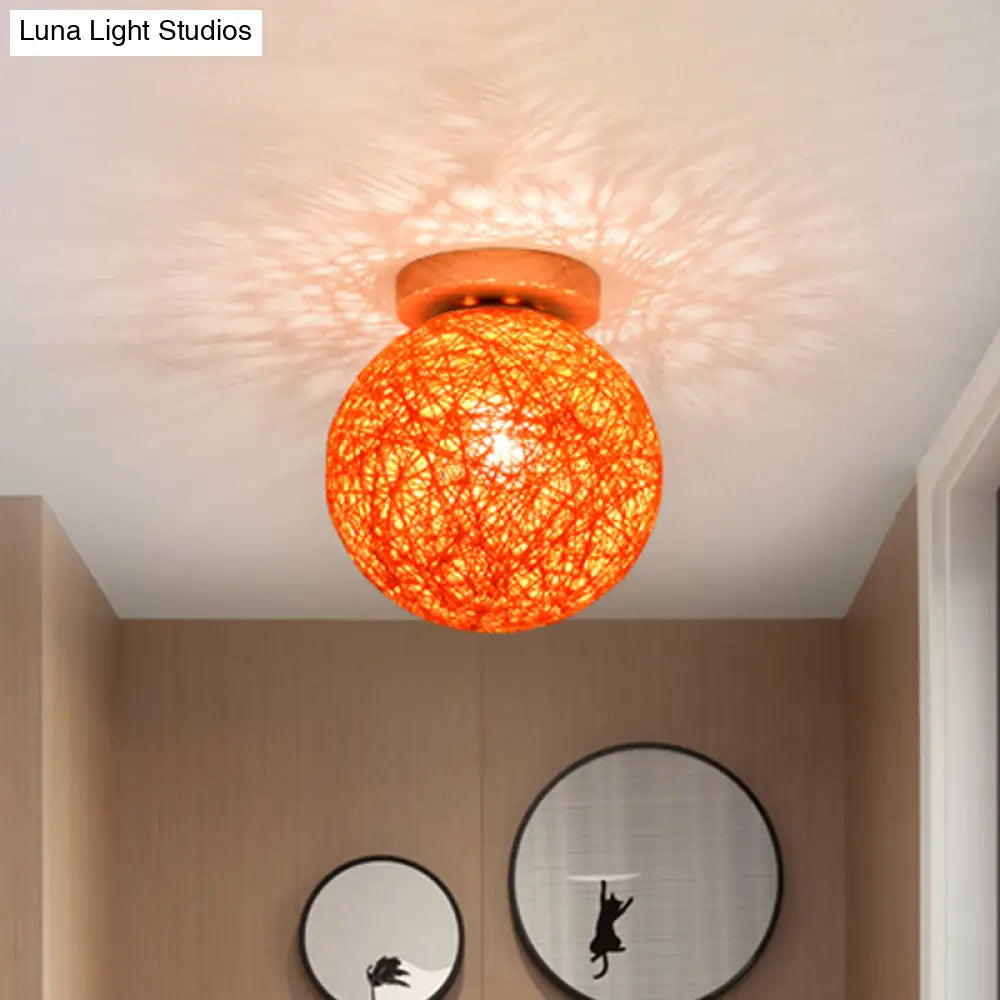 Modernist Rattan Ceiling Mount Light: Blue/Flaxen Globe Shade 6’/8’ Wide 1 Bulb Flush Lighting