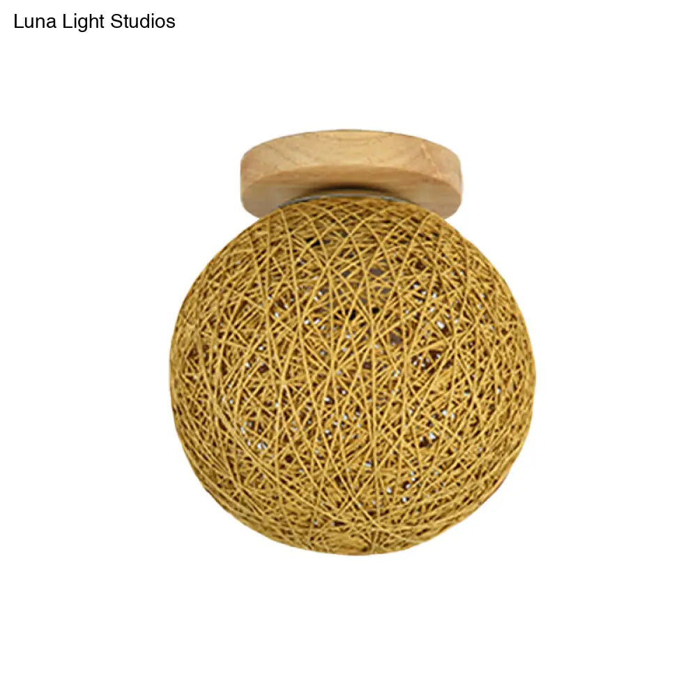 Modernist Rattan Ceiling Mount Light: Blue/Flaxen Globe Shade 6’/8’ Wide 1 Bulb Flush Lighting